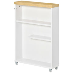 White particleboard bathroom corner cabinet with three shelves and wheels.