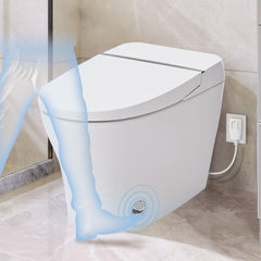 Compact white wall-mounted smart toilet with heated seat, foot sensor flush, and blue ghost leg activating it.