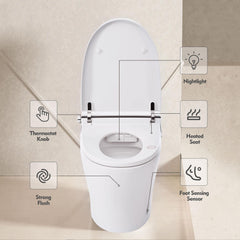 White compact smart toilet with heated seat, thermostat knob, dual flush, and foot sensor.