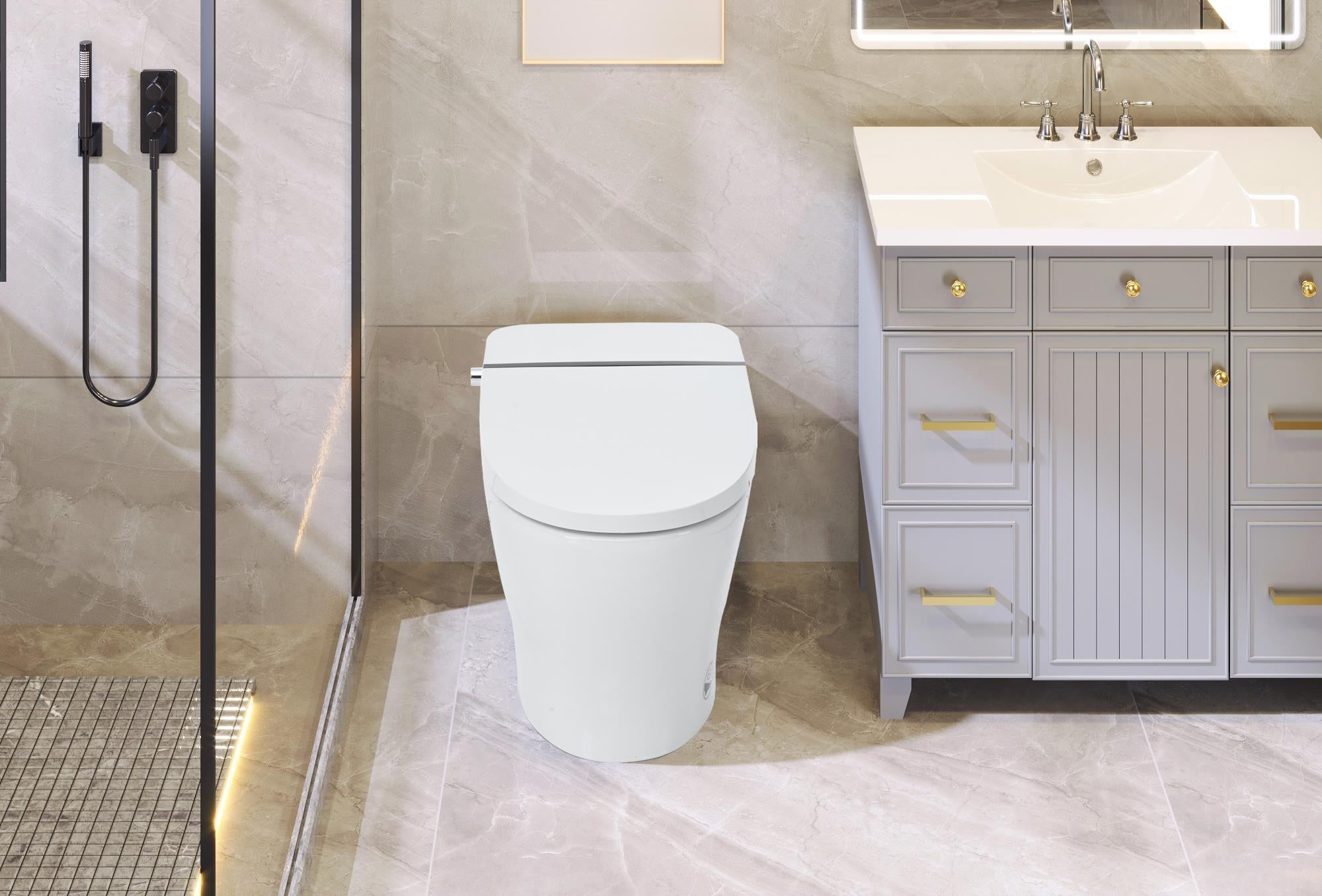 White compact smart toilet with heated seat and dual flush in modern bathroom.