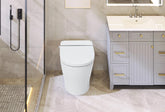 White compact smart toilet with heated seat and dual flush in modern bathroom.