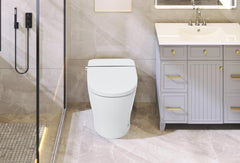 White compact smart toilet with heated seat and dual flush in modern bathroom.