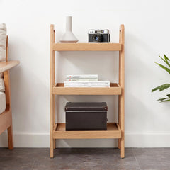 Four-tier beech wood storage organizer with open shelves on a white background.