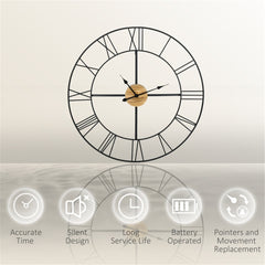 36-inch rustic wall clock with metal frame, wood accents, and Roman numerals.