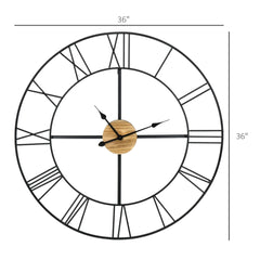 A 36-inch rustic metal and wood wall clock with Roman numerals.