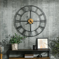 A 36-inch rustic metal and wood wall clock with Roman numerals.