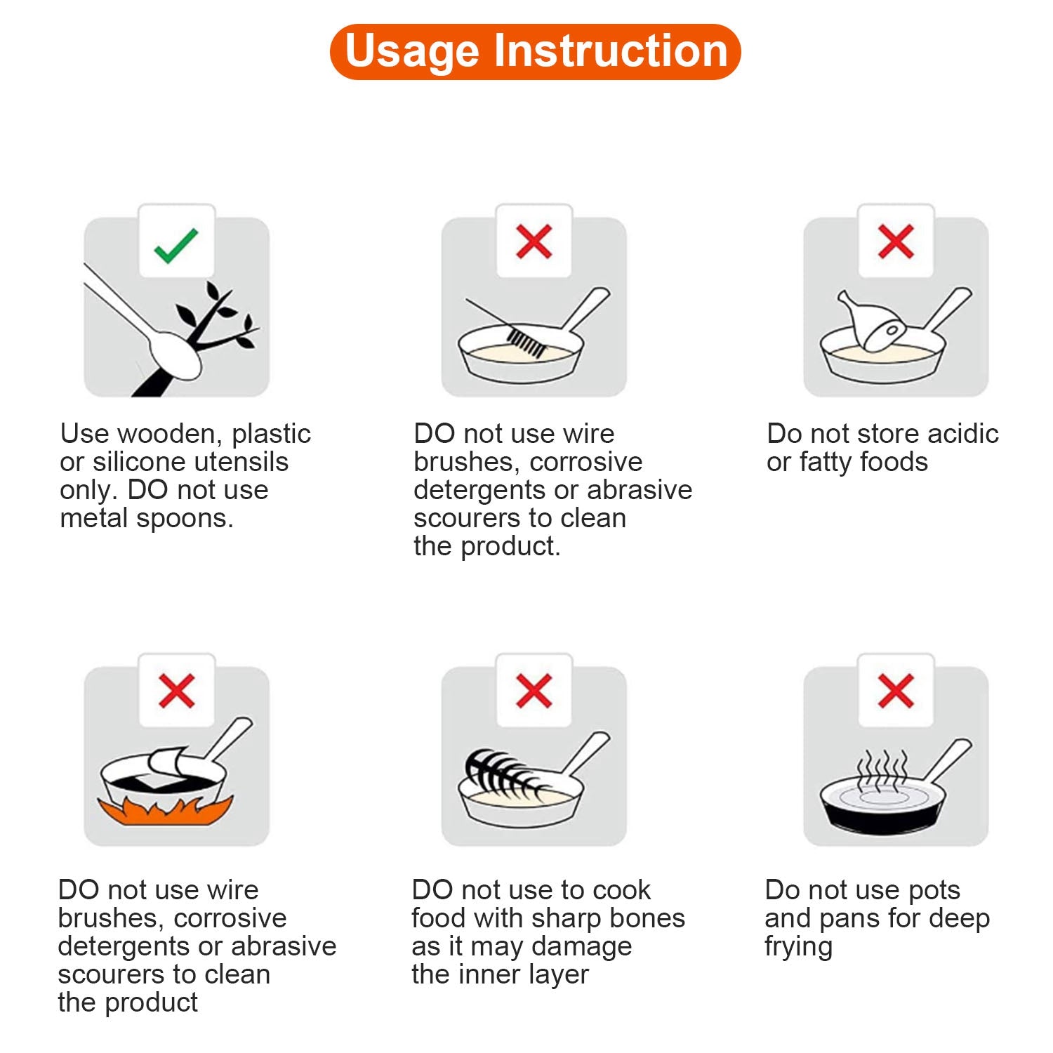 Infographic of usage instructions for stainless steel cookware, showing dos and don'ts for utensils, cleaning, storage, and cooking.