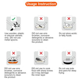 Infographic of usage instructions for stainless steel cookware, showing dos and don'ts for utensils, cleaning, storage, and cooking.