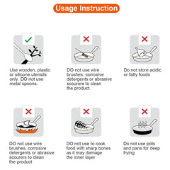 Infographic of usage instructions for stainless steel cookware, showing dos and don'ts for utensils, cleaning, storage, and cooking.