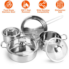 Stainless steel cookware set with two stockpots, saucepan, frying pan, and glass lids.