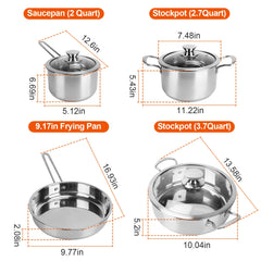 Stainless steel cookware set with 2 qt saucepan, 2.7 qt and 3.7 qt stockpots, and 9.17 inch frying pan, showing dimensions.