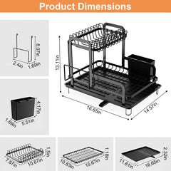 Diagram of Bostome 2-tier black carbon steel dish drying rack showing dimensions: 16.65 inches wide, 14.57 inches deep, 24.41 inches tall.