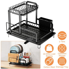 A black 2-tier carbon steel dish drying rack with drainboard and utensil holder.