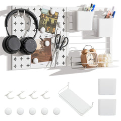 White metal pegboard kit with 12x12 inch panels, hooks, magnets, shelves, and bins.