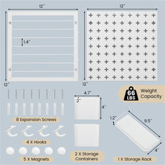 White metal pegboard kit with two 12x12 inch panels, hooks, magnets, screws, and storage containers.