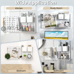 White metal pegboard kit panels mounted in kitchen, study, bedroom, and bathroom with hooks, shelves, and accessories.