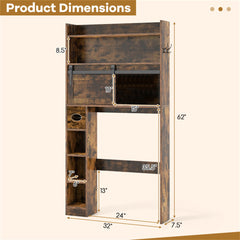 Brown over-the-toilet storage cabinet with sliding door, adjustable shelves, hooks, and toilet paper holder, dimensions 24x8.5x62 inches.