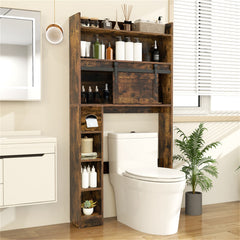 Brown over-the-toilet storage cabinet with sliding barn door and adjustable shelves.