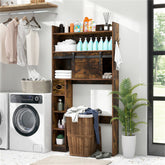 Brown wooden over-the-toilet storage cabinet with sliding barn door and shelves.