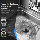 A stainless steel sink with a faucet and a diagram of its drainage system.