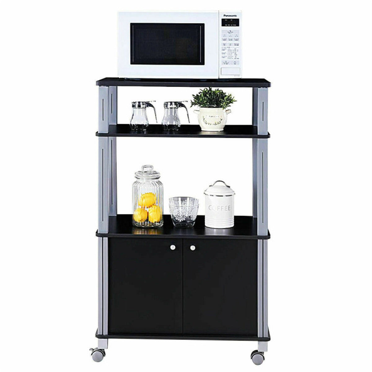 A black and silver microwave stand with three shelves and a two-door cabinet on wheels.