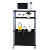 A black and silver microwave stand with three shelves and a two-door cabinet on wheels.