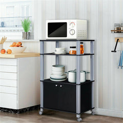 A black microwave stand with three shelves, a two-door cabinet, and lockable wheels.