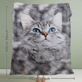 A black and white close-up print of a cute striped cat on a 50x60-inch fleece throw blanket.