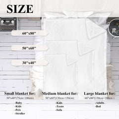 Size chart for Bostome flannel velvet throw blankets in 30x40, 50x60, and 60x80 inches for babies, kids, teens, adults, sofa, bed, pets, and stroller.