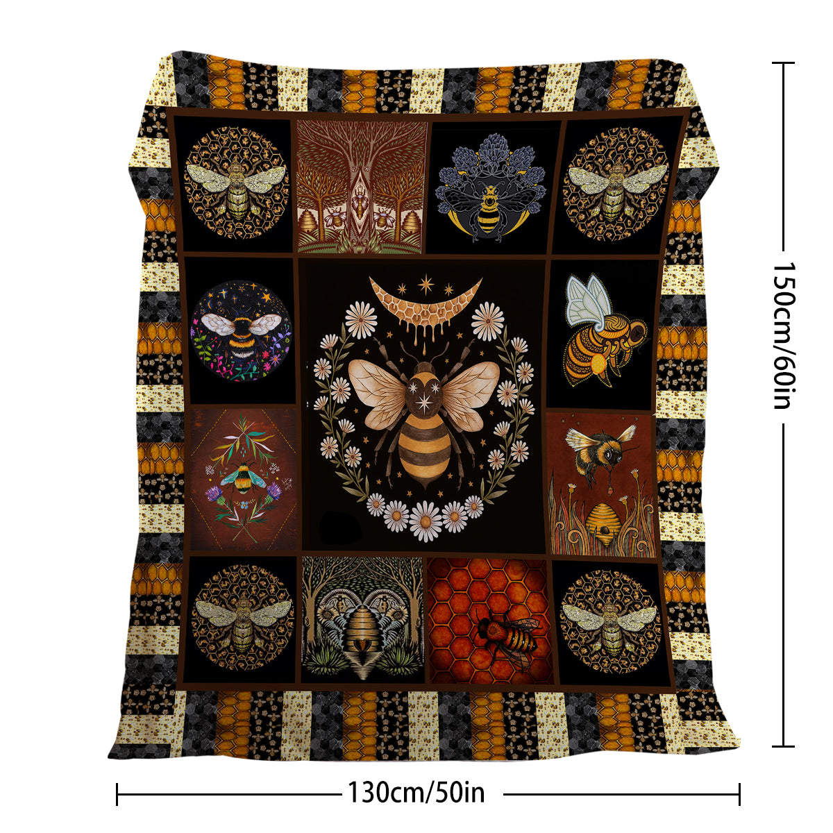 A 50x60 inch flannel velvet throw blanket with black, orange, and gold bee and floral patterns.