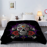 A black flannel throw blanket featuring a colorful sugar skull and red roses design.