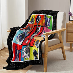 A 50x60-inch flannel throw blanket featuring a colorful pop art pattern of French Bulldogs draped over a chair.