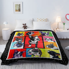 A 50x60-inch flannel throw blanket featuring a colorful collage of Boston French Bulldog portraits.