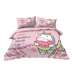 Pink queen-size duvet cover set with unicorn and watermelon print, including two shams.