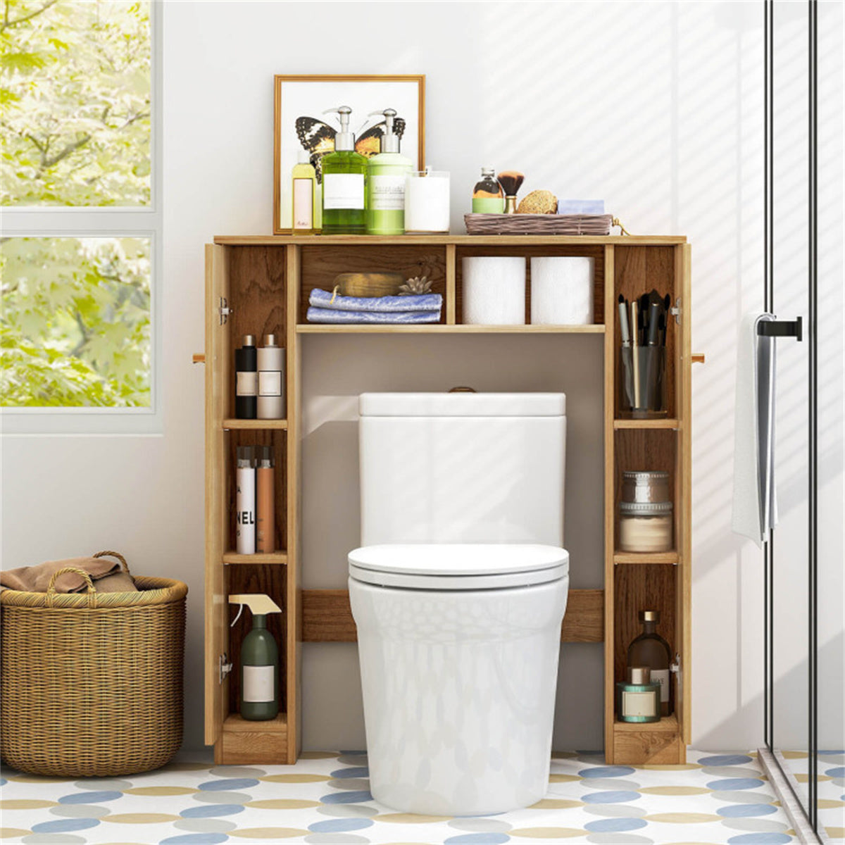 Natural MDF over-toilet storage cabinet with adjustable shelves and cabinets.