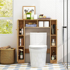 Natural MDF over-toilet storage cabinet with adjustable shelves and cabinets.