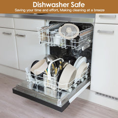 Open dishwasher showing stacked Bostome nonstick pots and pans with detachable handles.
