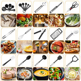 A 23-piece kitchen utensil set with various tools and cooking ingredients.