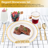 A gold-rimmed plastic dinnerware set with plates, cups, utensils, and napkins.