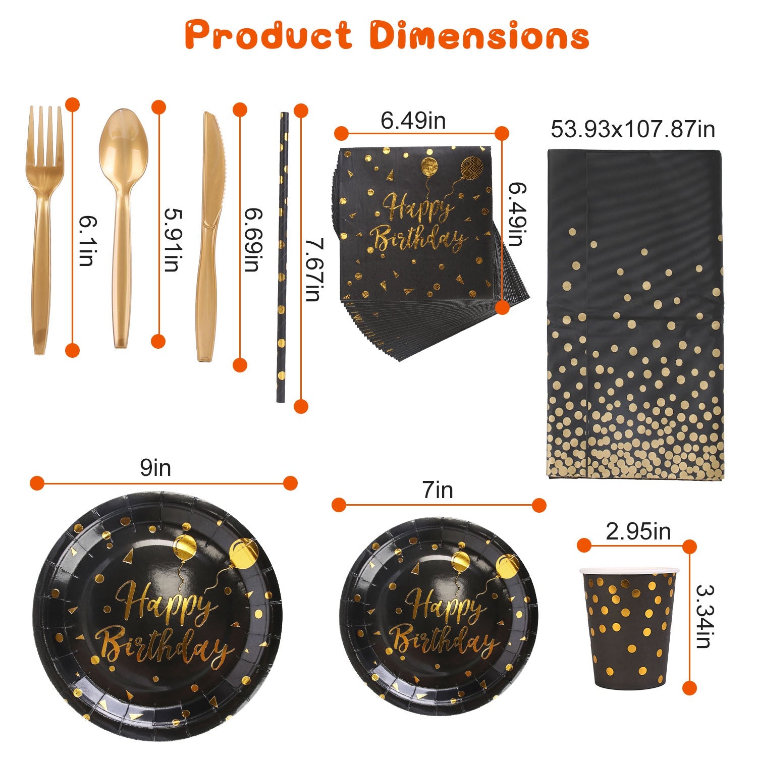 Diagram of black gold disposable birthday dinnerware set showing dimensions of plates, cups, utensils, and napkins for 25 guests.