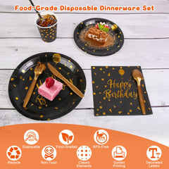 Black gold disposable birthday dinnerware set with plates, cups, utensils, and napkins for 25 guests.