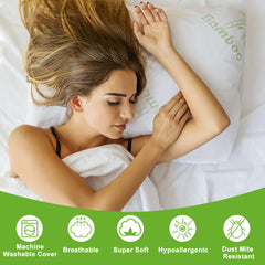 A woman sleeps peacefully on a queen-size bamboo memory foam pillow with a hypoallergenic cover.