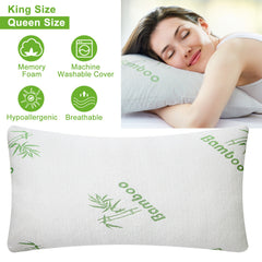 Two queen-size bamboo memory foam pillows with hypoallergenic, machine-washable covers.