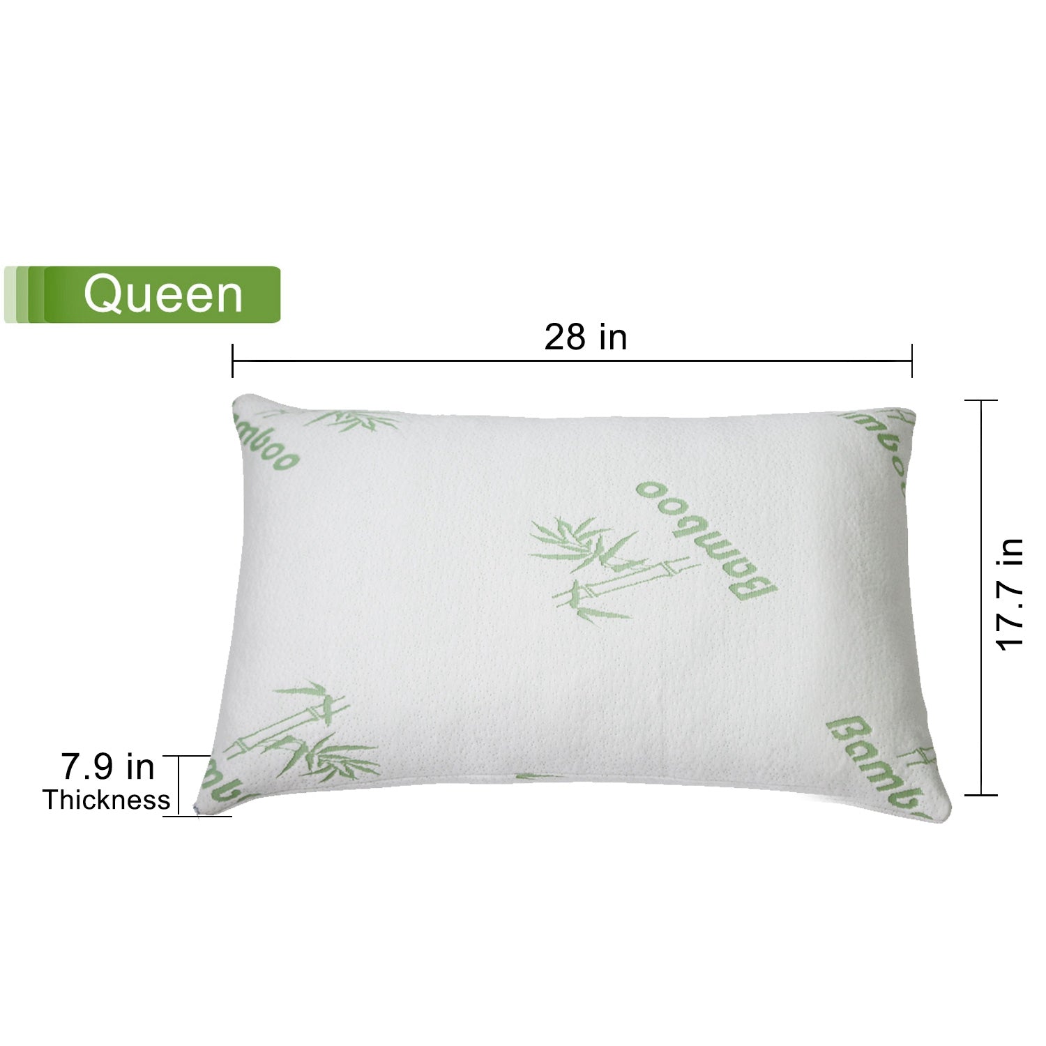 Queen-size bamboo memory foam pillow with dimensions 17 by 28 inches.