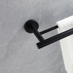 Black 23.6-inch double towel bar mounted on gray wall, holding a white towel.