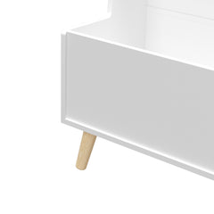 White MDF kids bookshelf with two front shelves and a toy storage bin on wooden legs.
