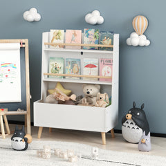 White MDF kids bookshelf with two front-facing shelves for books and a lower toy storage bin on wooden legs.