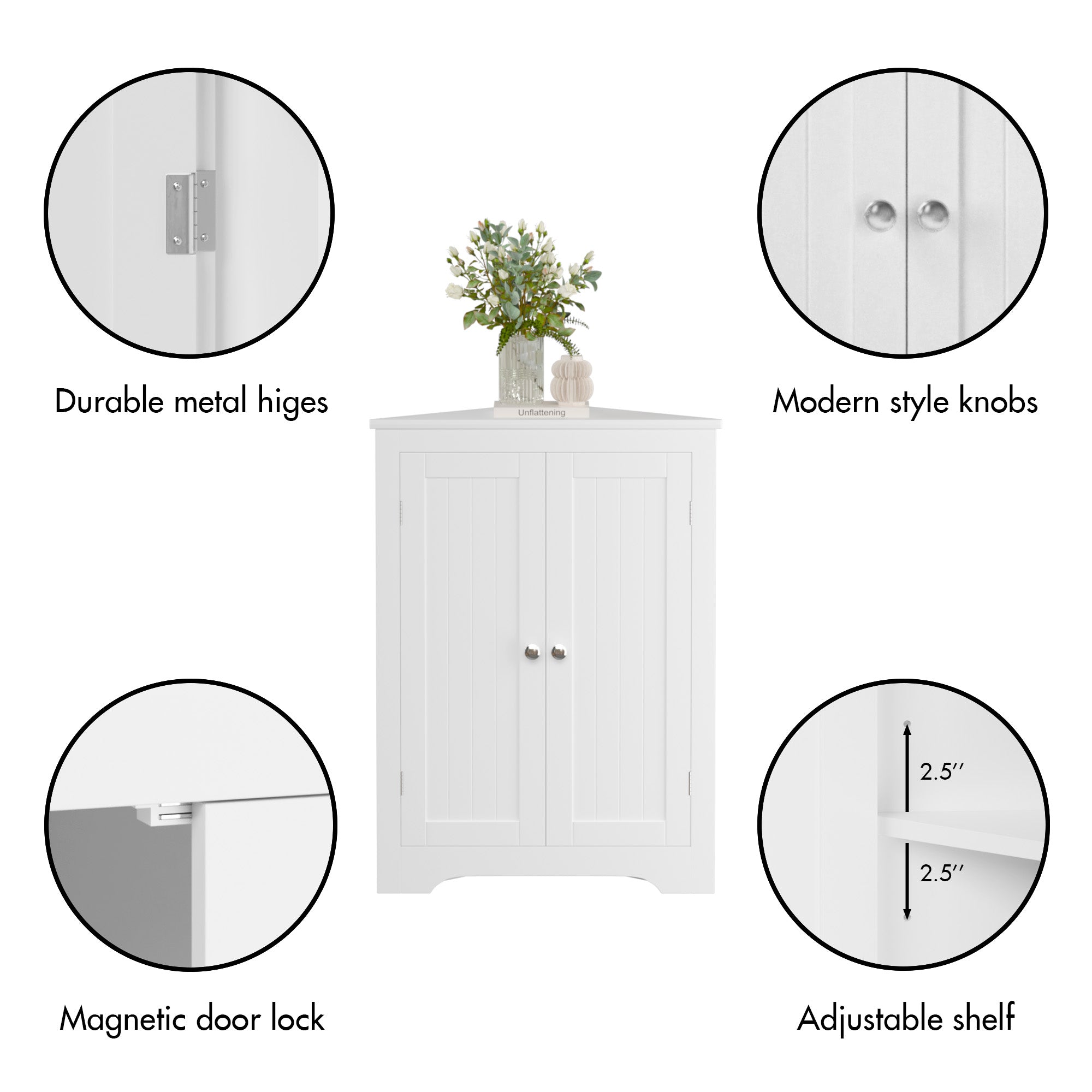 White freestanding corner cabinet with adjustable shelves, durable metal hinges, magnetic door lock, and modern knobs.