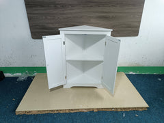 White freestanding corner cabinet with open beadboard doors and adjustable shelves.