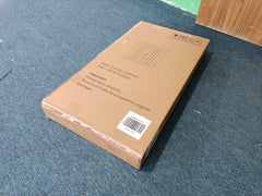 White Bostome freestanding corner cabinet box with adjustable shelves label.